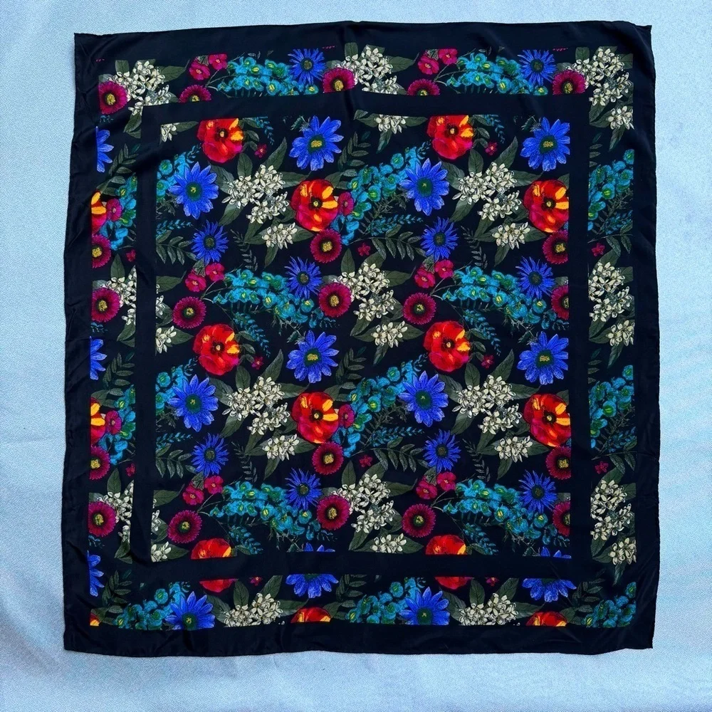 Unbranded Black Multicolor Floral Wildflowers Square Polyester Scarf 30 x 30”